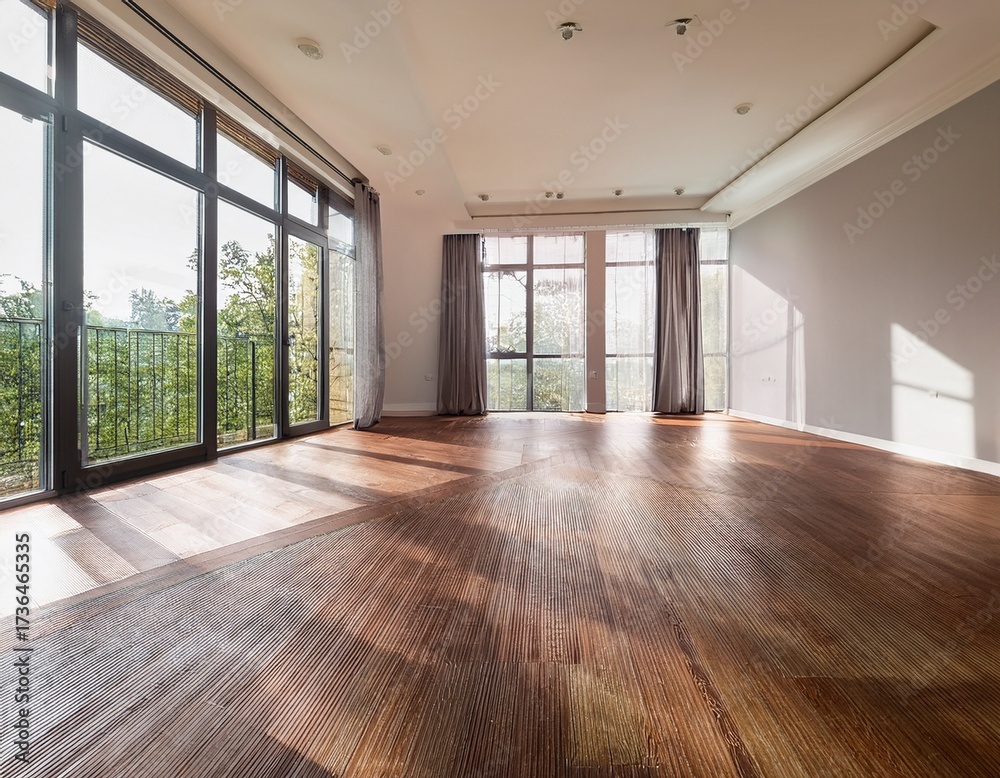 Obraz premium modern empty room with large windows and hardwood floors ideal for interior design inspiration