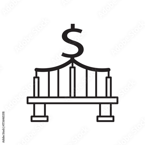 Minimalist line icon of a bridge with a dollar sign, symbolizing economic connections. Ideal for illustrating trade links, investment opportunities, financial growth, and infrastructure wealth.