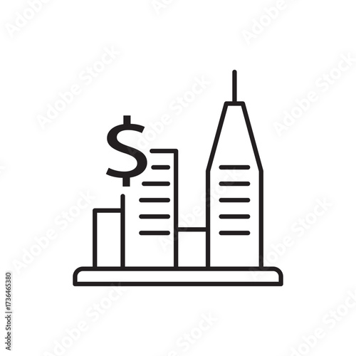 Minimalist line icon of a cityscape with a dollar sign, symbolizing urban wealth. Ideal for illustrating economic growth, business prosperity, city investments, and financial success.