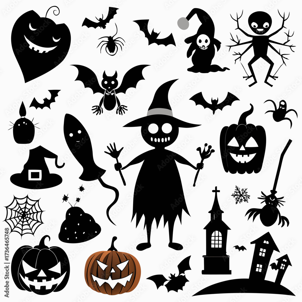 Fototapeta premium Halloween icon set with spooky witch, carved pumpkin, flying bats, haunted house, ghost, and black cat silhouette isolated on white background for autumn holiday party decoration and invitation