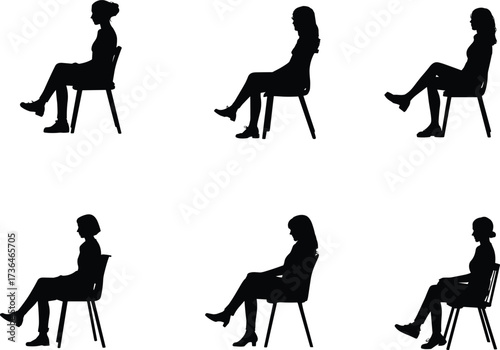 Women sitting silhouettes, different chair postures, female body language, elegant seated poses, fashion illustration reference, ergonomic study, vector art, design drawing