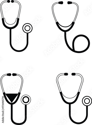 Stethoscope variations illustration, medical diagnostic tools, healthcare equipment icons, doctor nurse instrument, hospital clinic device, auscultation tool, black white vector design