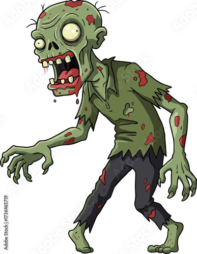 Flat vector cartoon zombie, horror character illustration, scary undead monster, Halloween mascot design, creepy walking corpse icon, spooky graphic symbol, scary creature