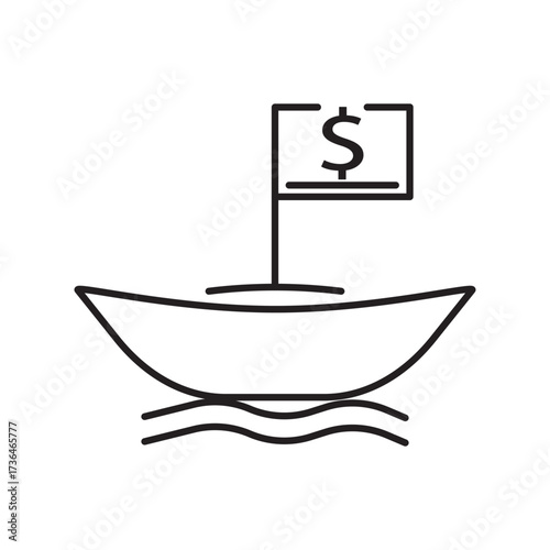 Minimalist line icon of a boat with a dollar sign flag, symbolizing investment ventures. Ideal for illustrating business opportunities, economic exploration, financial growth, and maritime profits.