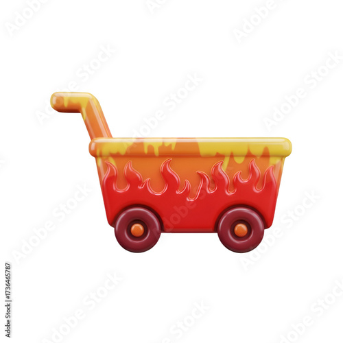 A stylized shopping cart with flames, isolated on transparent background
