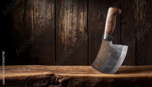 rustic butcher s cleaver resting on weathered wooden block against a distressed textured background