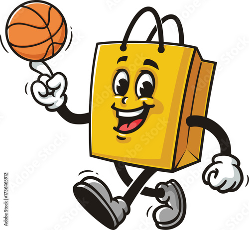 Cartoon shopping bag mascot playing basketball