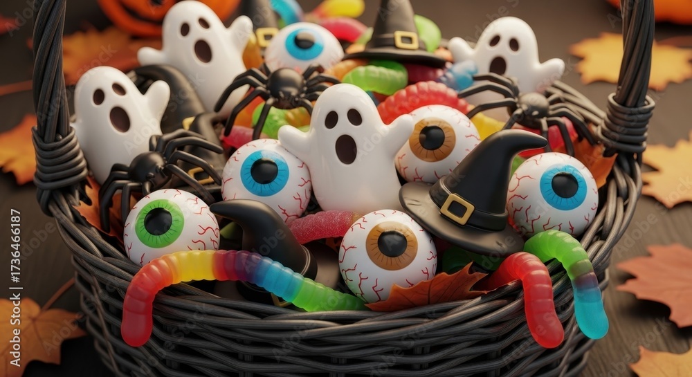 Obraz premium Halloween sweets in wicker basket with ghosts, eyeballs, and colorful gummy worms. Halloween sweets candies and treats are perfect for fun party, with spiders and witch hats included.