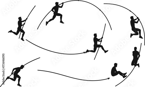 Pole vault silhouette sequence, athlete jumping with pole, sports motion graphic, track and field illustration, dynamic movement, training concept, vector art