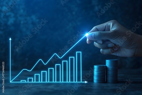 Hand guiding glowing upward financial graph and coin stacks Keywords: finance, growth, success