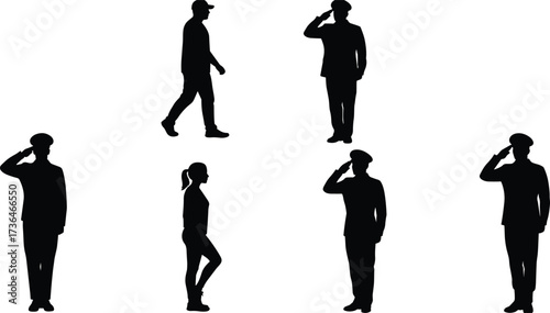 Saluting silhouette, uniformed figure vector, black illustration, military and civilian pose, gesture contrast, walking stance, authority, discipline, identity