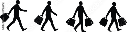 Shopping silhouette set, black vector art, walking pose with bags, consumer behavior, retail activity, urban lifestyle, pedestrian motion