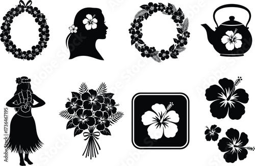 Hawaiian tropical hibiscus flower silhouette set with hula dancer, teapot, wreath, bouquet, island woman head, and floral icons