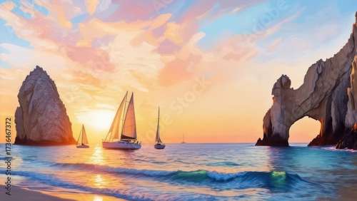 Sailboats Grace Cabo San Lucas Arch at Sunset.