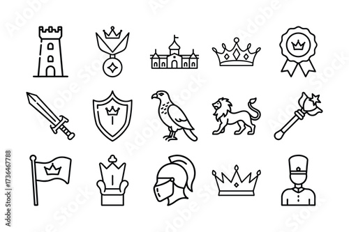 Medieval Royal Icons Set – Castle, Crown, Sword, Shield, Throne, Knight & Kingdom Symbols