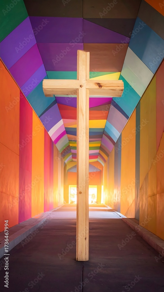 Naklejka premium Colorful tunnel with wooden cross