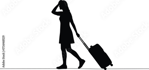 Travel silhouette, black vector art, woman walking with suitcase, departure scene, journey pose, luggage pull, airport, motion, transit