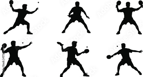 Table tennis silhouette, ping pong player poses, sports motion vector, paddle action illustration, athletic movement, training graphic, indoor game, vector art