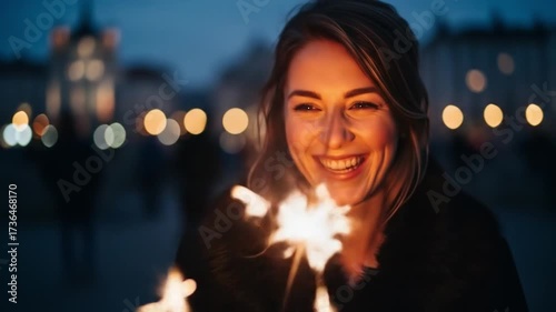 Woman Holding Sparkler at Night in City.