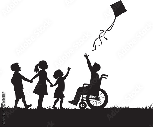 Children flying kite in wheelchair silhouette vector