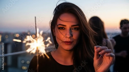 Woman Holding Sparklers at Rooftop Party.