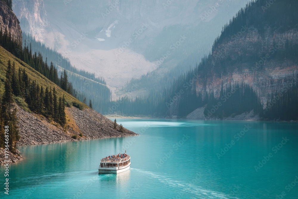 Naklejka premium Tour boat filled with passengers cruising on vibrant turquoise mountain lake surrounded by majestic pine forests and rocky slopes under a hazy sky