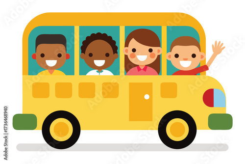 Cartoon School Bus with Smiling Children Waving, Happy Kids Riding in a Bus