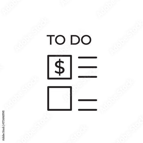 Minimalist line icon of a to-do list with a dollar sign, symbolizing profitable tasks. Ideal for illustrating financial planning, task prioritization, business efficiency, and economic goals.