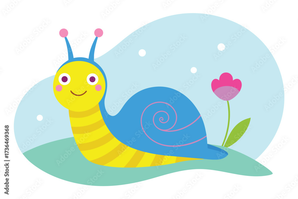 Obraz premium Cartoon Snail with Flower in a Flat Design Style for Children