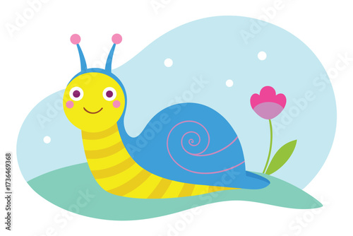 Cartoon Snail with Flower in a Flat Design Style for Children