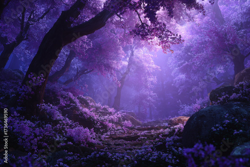 Mysterious Purple Fantasy Forest Pathway with Glowing Flowers and Trees

