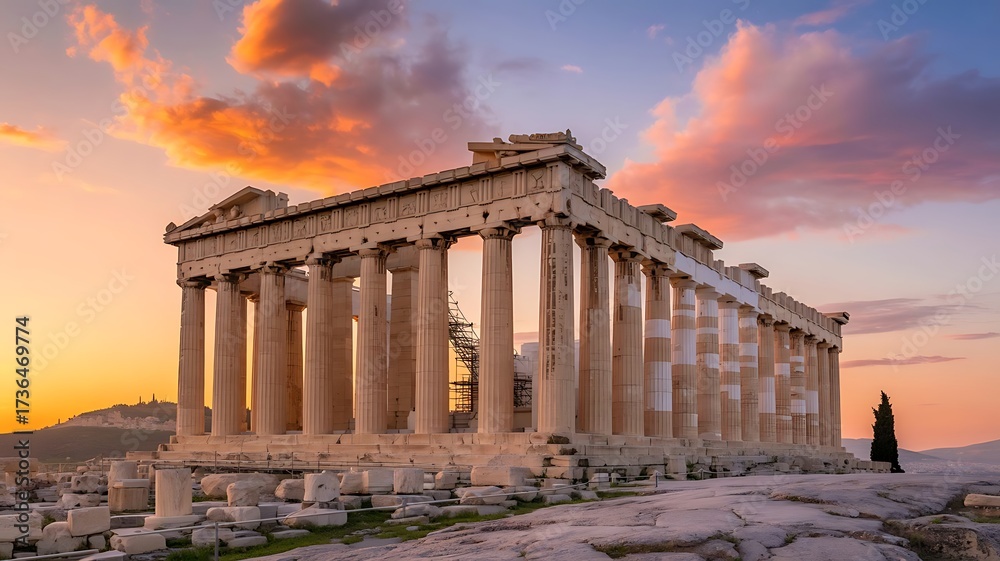 Obraz premium Restored Parthenon Temple at Sunset with Doric Columns and Scaffolding