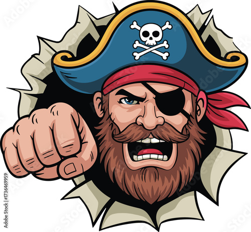 Fierce cartoon pirate, punching pose, pirate mascot logo, torn paper background, angry pirate vector, eyepatch pirate illustration