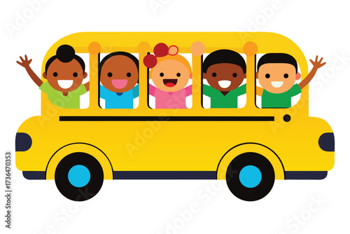 Cartoon Yellow School Bus Filled with Diverse Children Waving and Smiling Happily Together