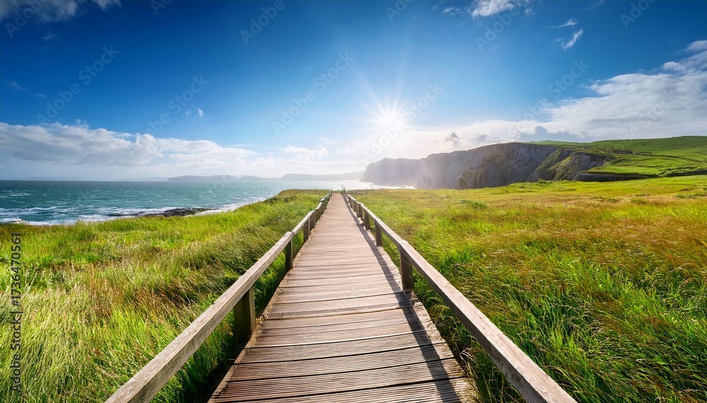 Fototapeta premium wooden boardwalk through grassy field towards coastal cliffs under sunny sky wooden path walkway