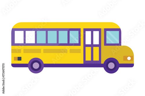 Cartoon Yellow School Bus with Purple Trim and Wheels Against White Background