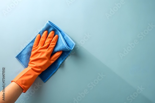Hand in Orange Glove Wiping Light Blue Surface cleaning