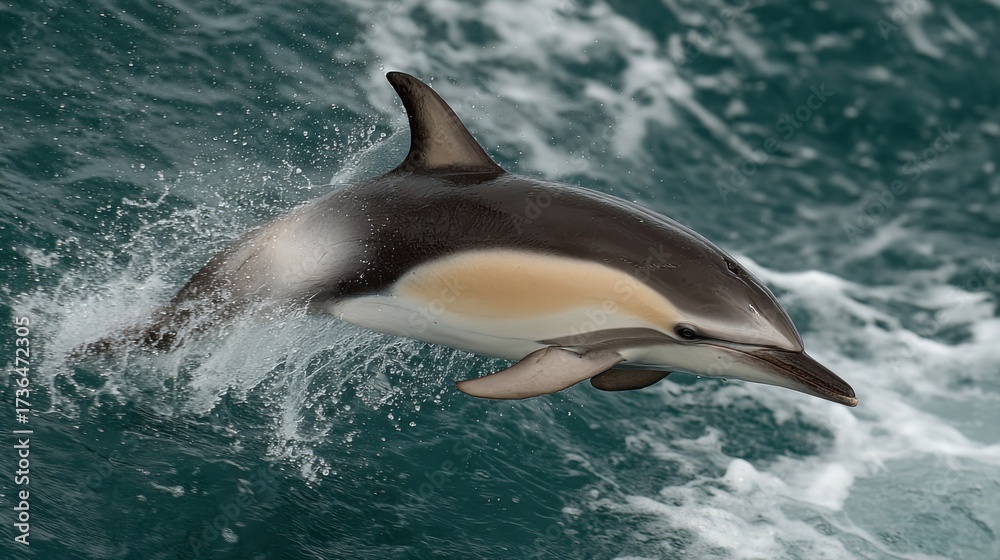 Fototapeta premium A dolphin gracefully jumps out of the vibrant blue ocean waves showcasing its sleek body against the sparkling water. The afternoon sun enhances the lively scene.
