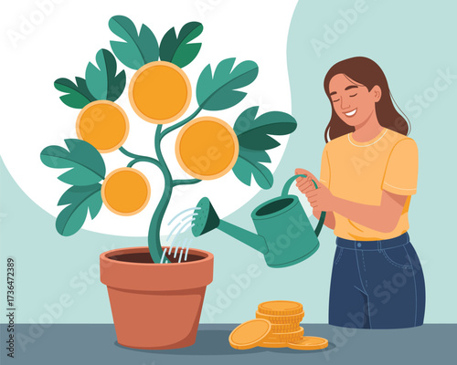 Vector illustration of a person watering a money tree with coins on branches and on the ground