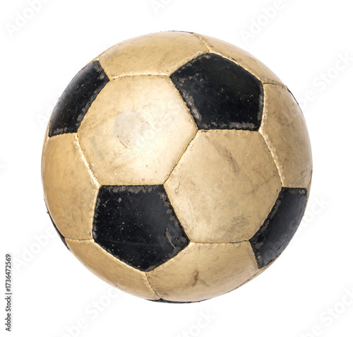 Old Golden Soccer ball with wear and tear from play. Classic black and white football isolated on transparent background or png file.