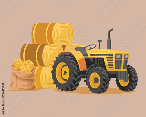 Yellow tractor with hay bales and sack of potatoes in a rural setting