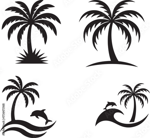 Doodle hand drawn palms boho trendy bold silhouette elements, hippie palm tree poster icon set
