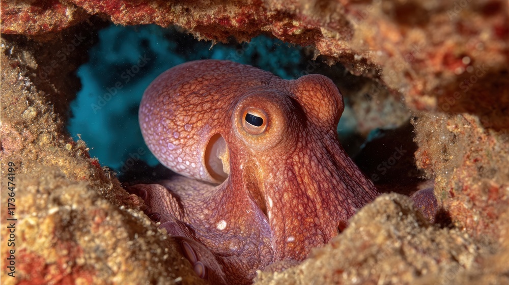 Fototapeta premium Red Octopus in Rocky Crevice