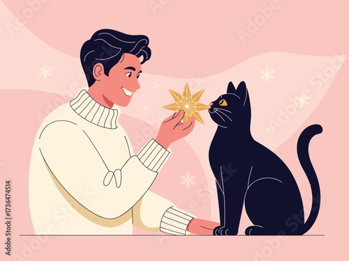 Man and cat playing with a star-shaped object