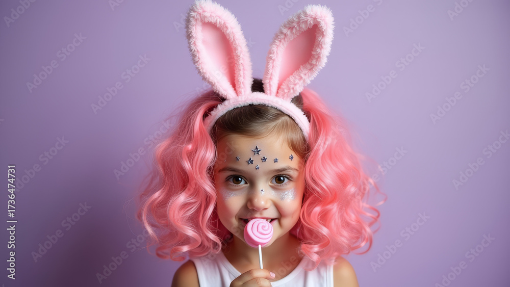 Fototapeta premium Adorable little halloween bunny girl with pink curly wig bunny ears headband and glitter makeup holding lollipop on bright purple background kids portrait
