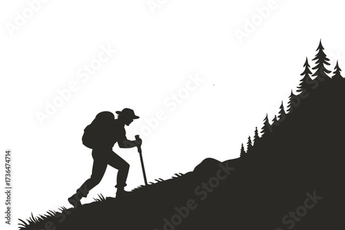 Hiker Climbing Mountain Silhouette Vector Illustration