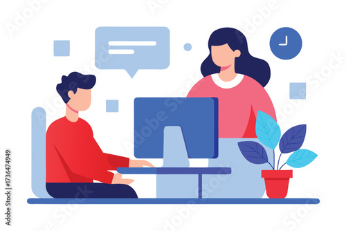 Flat Design Illustration of Coworkers Collaborating at Computer Desk with Plant and Clock
