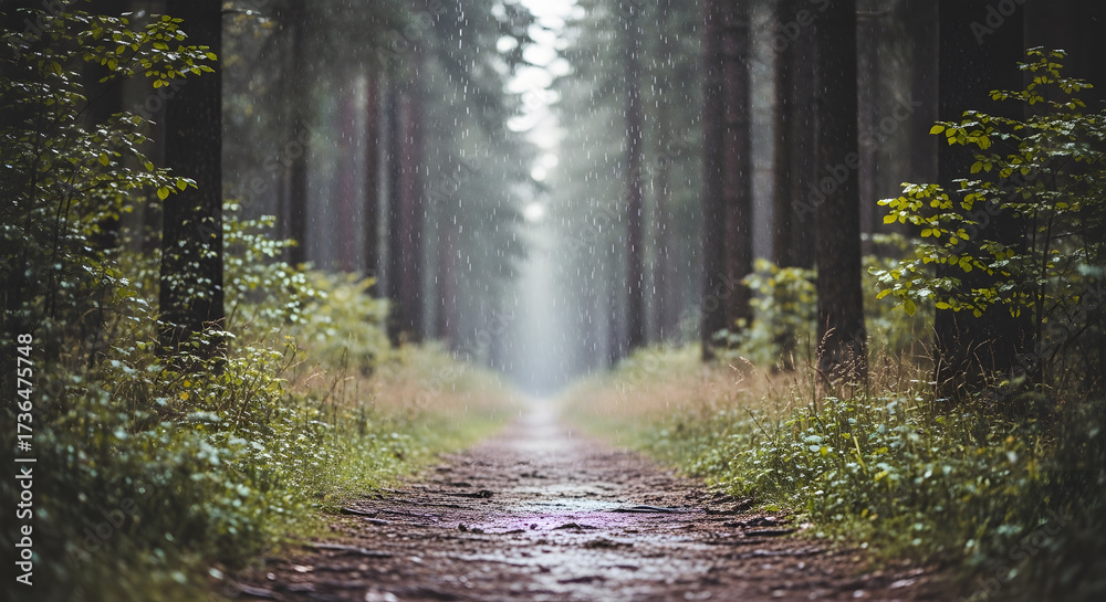 Obraz premium Forest path in the rain with tall trees and lush green foliage nature