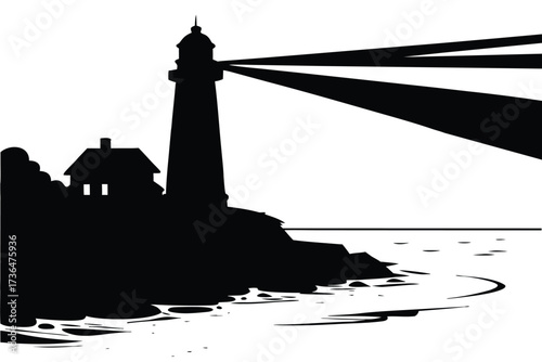 Nautical Lighthouse by the Sea Silhouette Vector Illustration