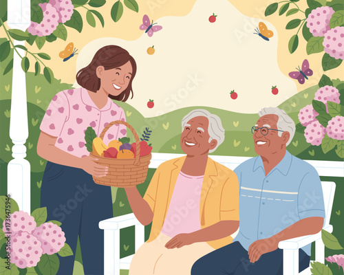 Caring daughter brings a basket of organic fruit to her smiling senior parents outdoors